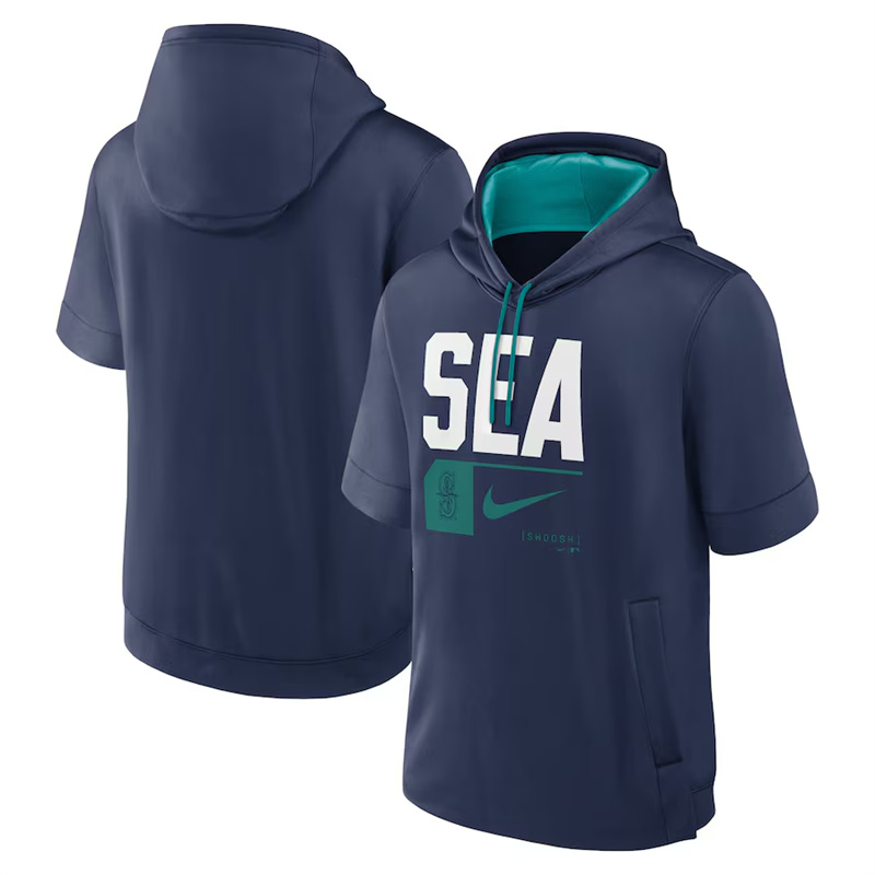 Men's Seattle Mariners Navy Tri Code Lockup Short Sleeve Pullover Hoodie